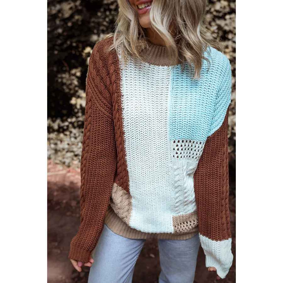 Color Block Round Neck Long Sleeve Sweater Dark Brown / S Apparel and Accessories