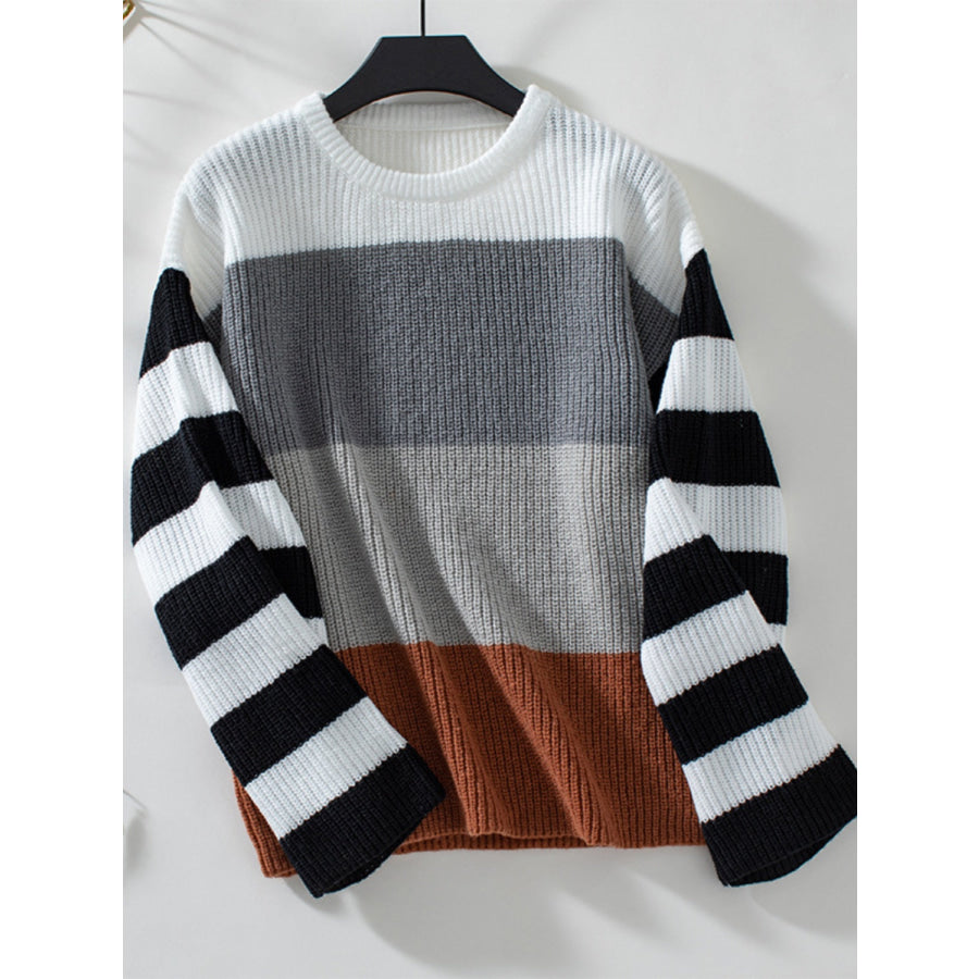 Color Block Round Neck Long Sleeve Sweater Dark Gray / S Apparel and Accessories