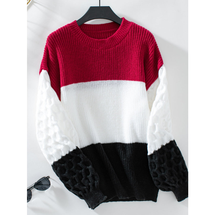 Color Block Round Neck Long Sleeve Sweater Deep Red / S Apparel and Accessories