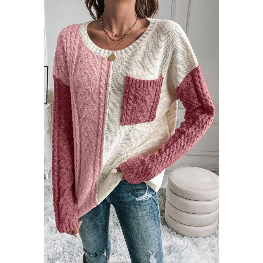 Color Block Round Neck Long Sleeve Sweater Dusty Pink / L Apparel and Accessories
