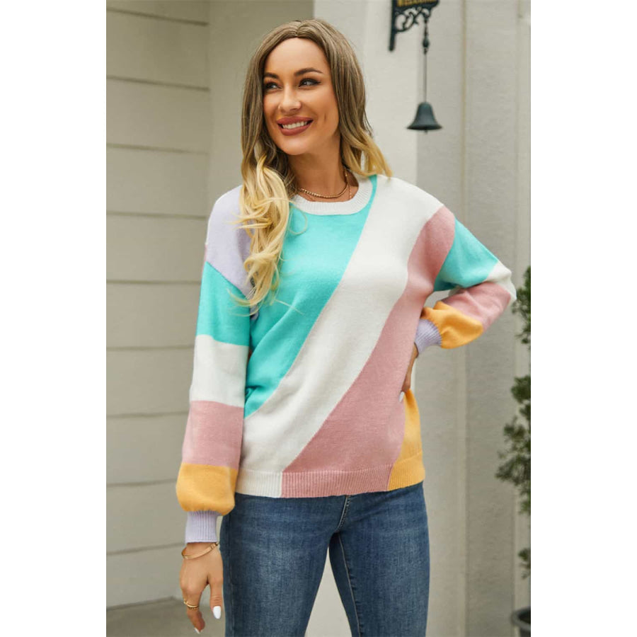 Color Block Round Neck Long Sleeve Sweater Ivory / S
