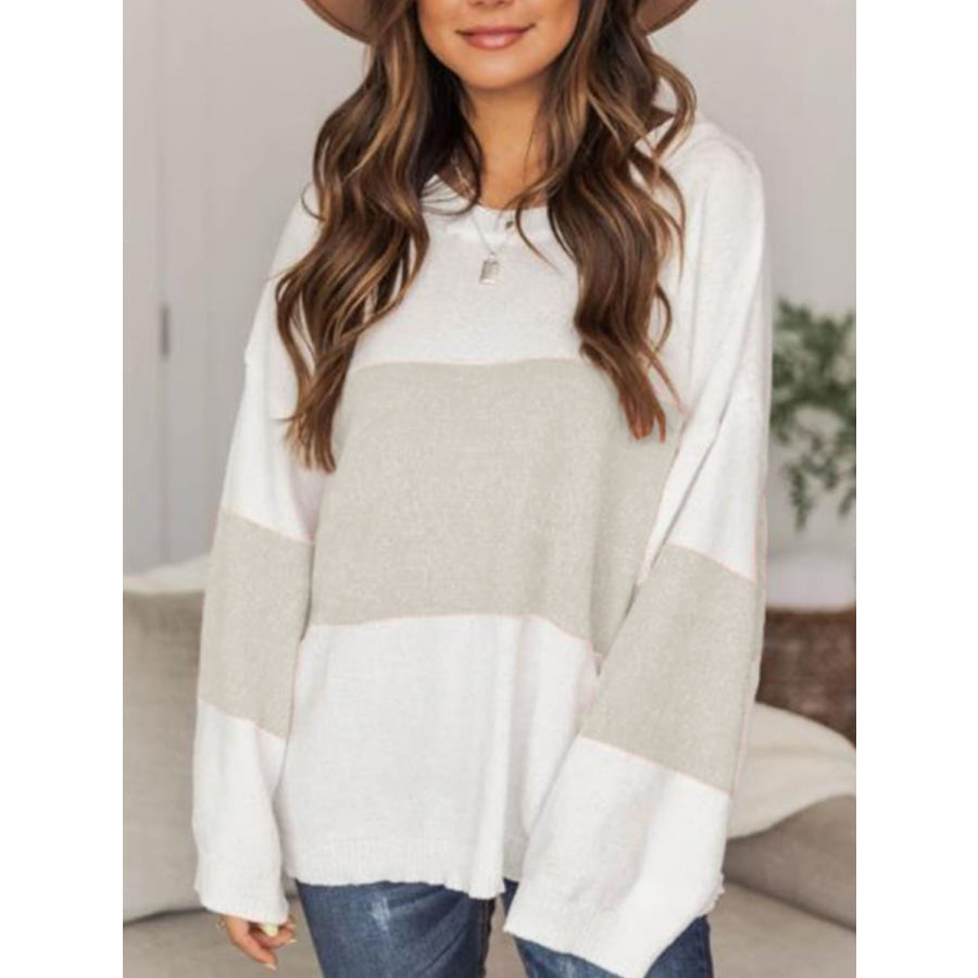 Color Block Round Neck Long Sleeve Sweater Light Gray / S Apparel and Accessories