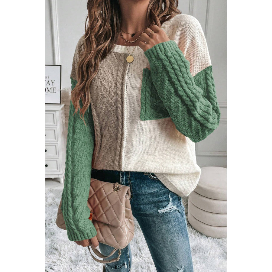 Color Block Round Neck Long Sleeve Sweater Matcha Green / S Apparel and Accessories