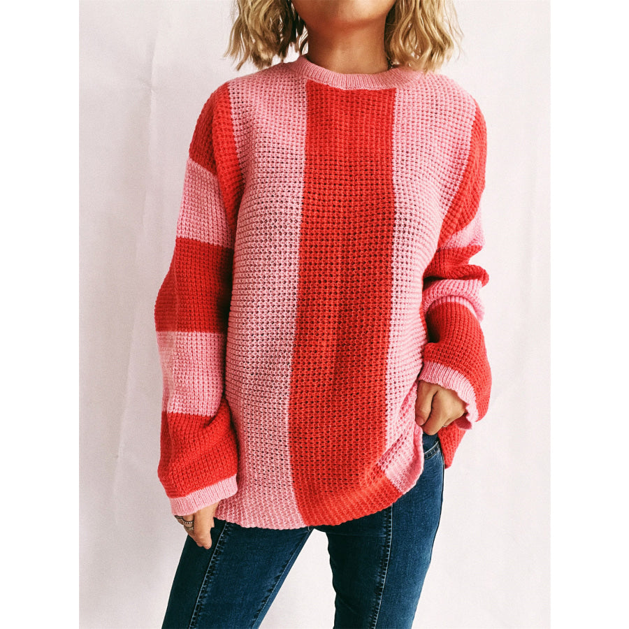 Color Block Round Neck Long Sleeve Sweater Orange-Red / S Apparel and Accessories