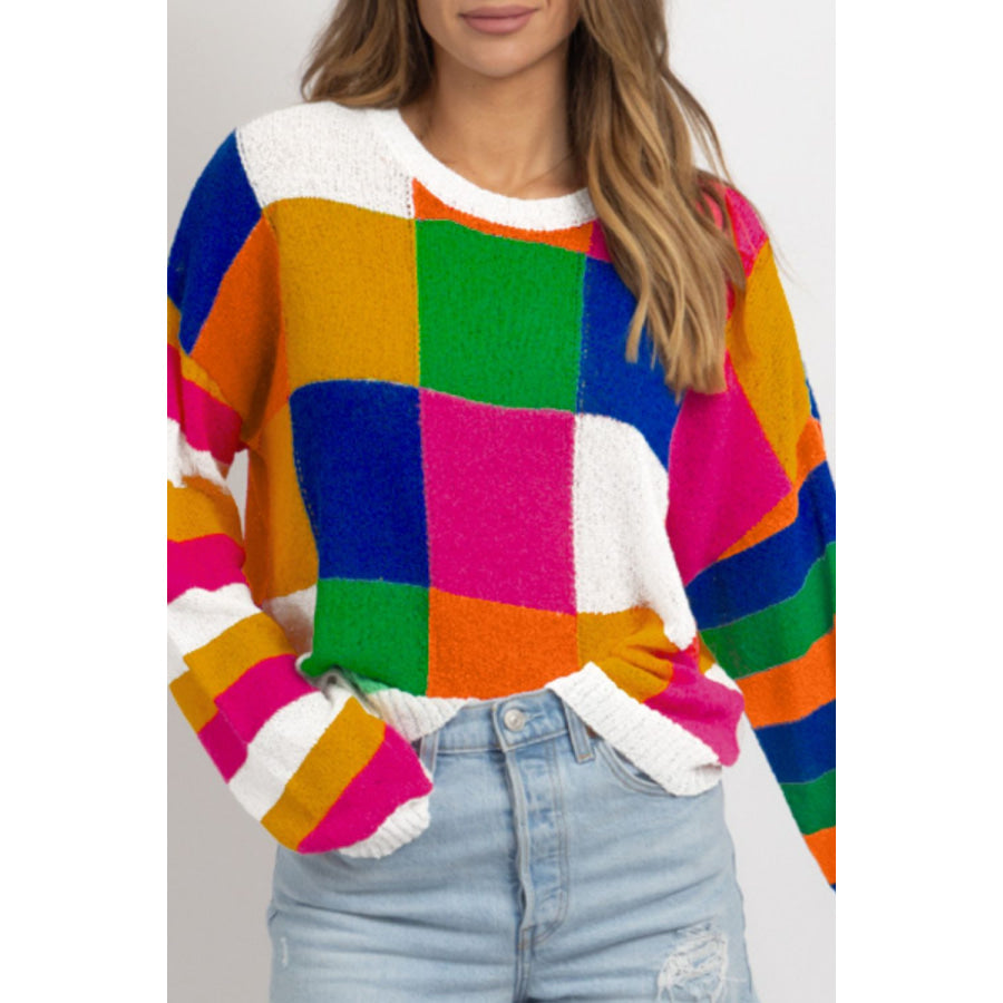 Color Block Round Neck Long Sleeve Sweater Orange / S Apparel and Accessories