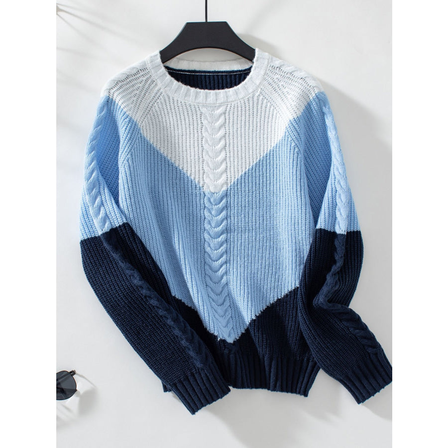 Color Block Round Neck Long Sleeve Sweater Pastel Blue / S Apparel and Accessories