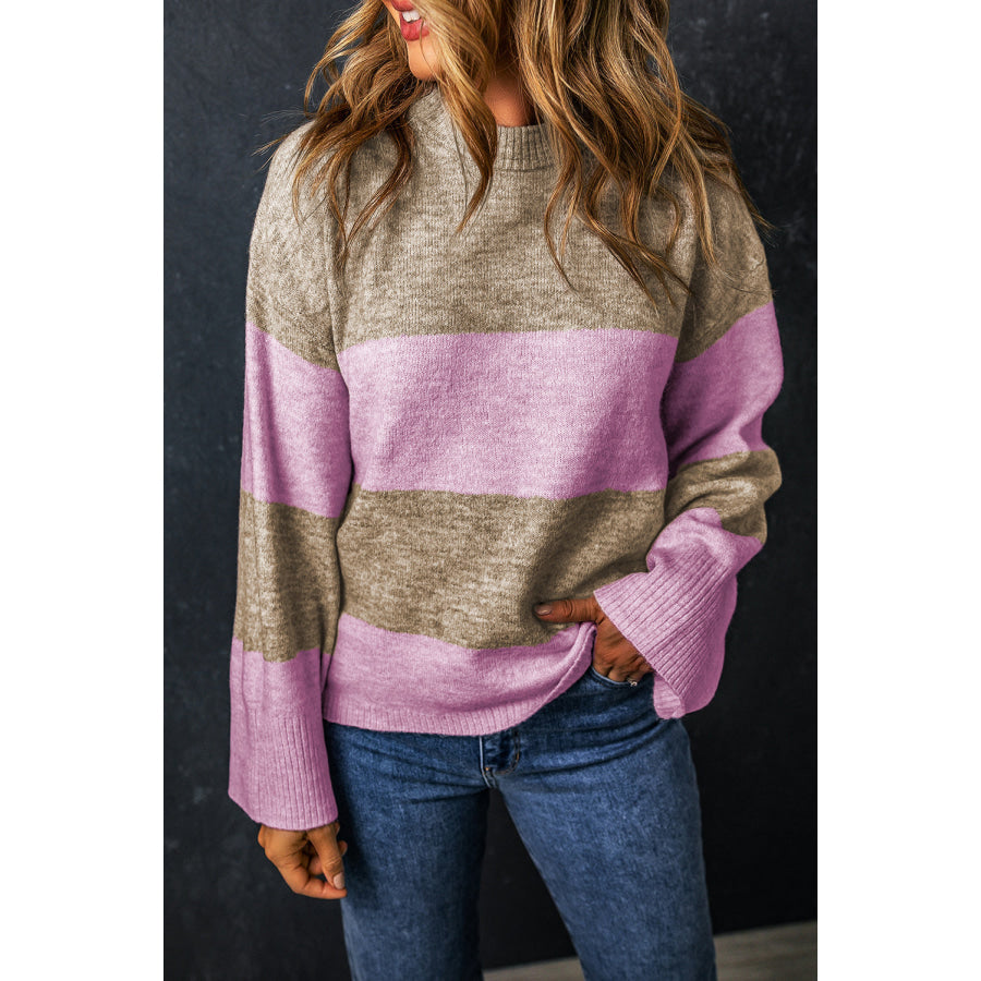 Color Block Round Neck Long Sleeve Sweater Pink / S Apparel and Accessories