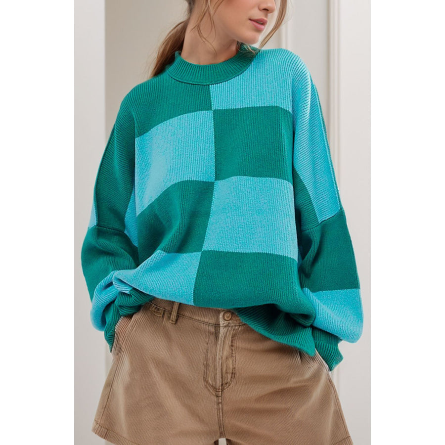 Color Block Round Neck Long Sleeve Sweater Turquoise / S Apparel and Accessories