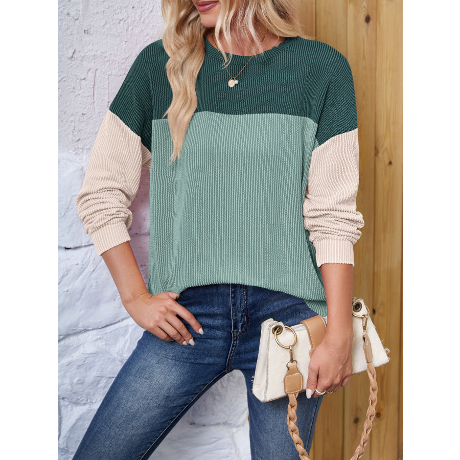 Color Block Round Neck Long Sleeve Sweatshirt Air Force Blue / S Apparel and Accessories