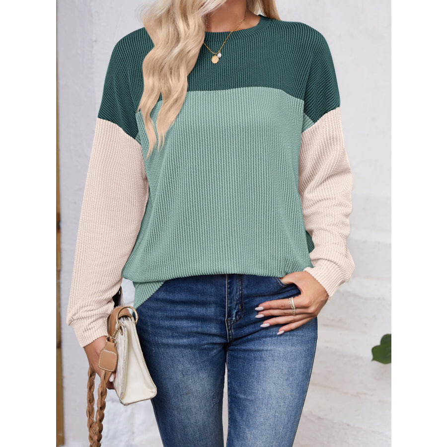 Color Block Round Neck Long Sleeve Sweatshirt Apparel and Accessories