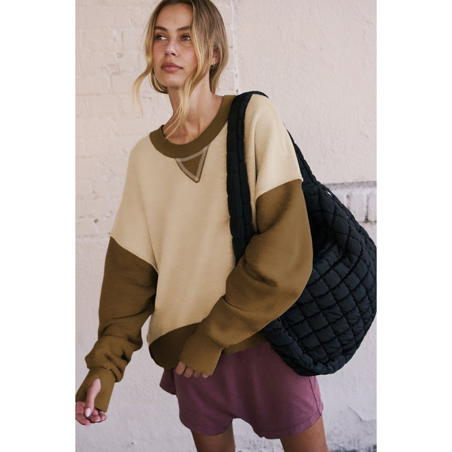 Color Block Round Neck Long Sleeve Sweatshirt Apparel and Accessories