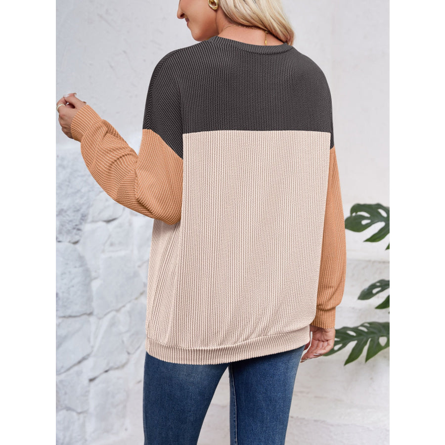 Color Block Round Neck Long Sleeve Sweatshirt Apparel and Accessories