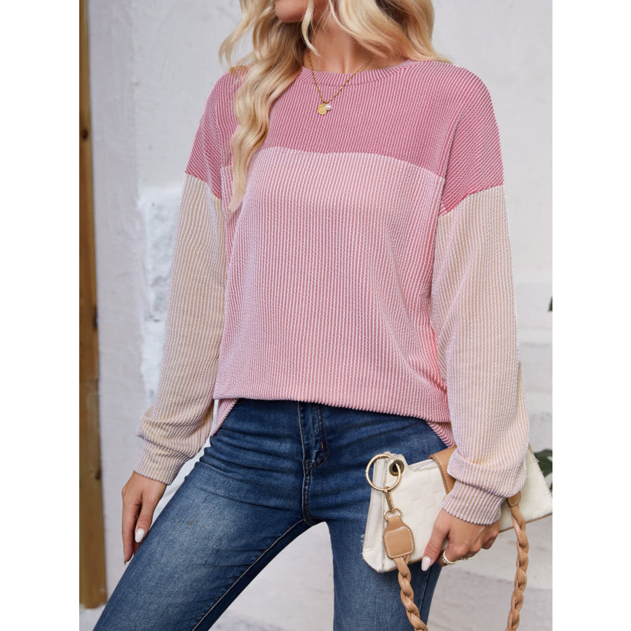 Color Block Round Neck Long Sleeve Sweatshirt Apparel and Accessories