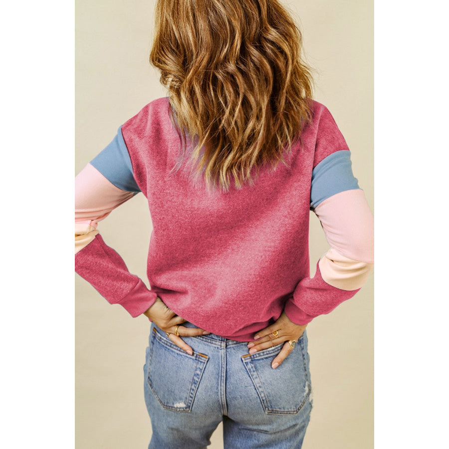 Color Block Round Neck Long Sleeve Sweatshirt Apparel and Accessories