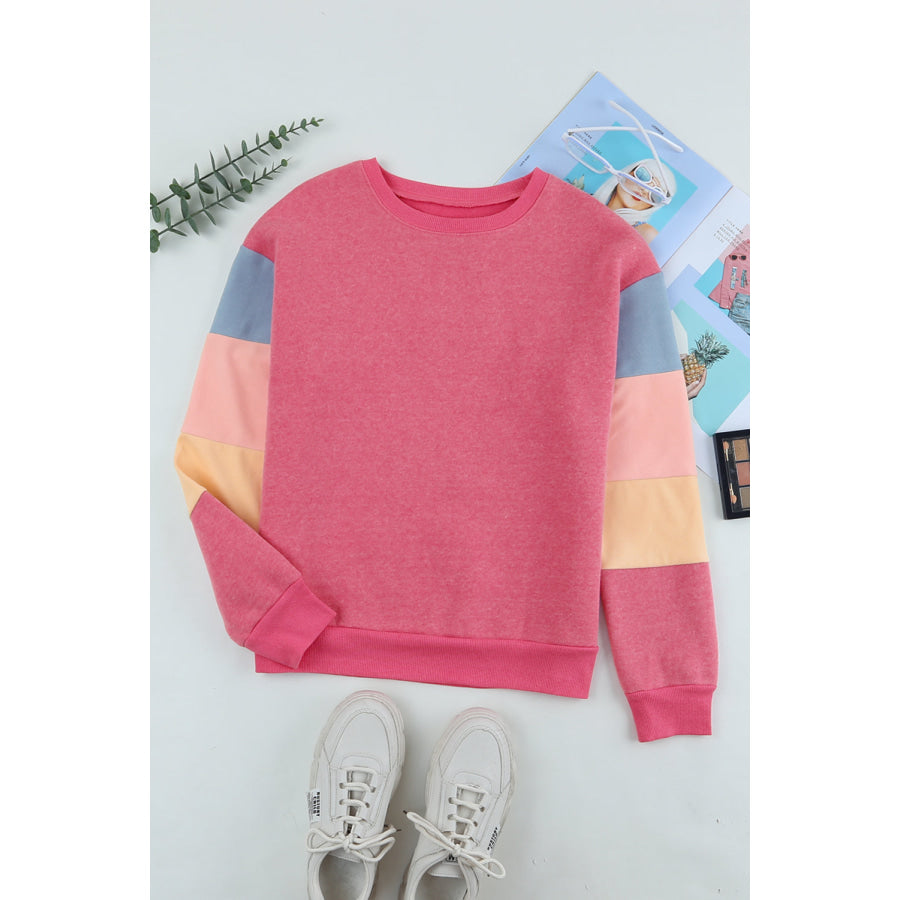 Color Block Round Neck Long Sleeve Sweatshirt Apparel and Accessories