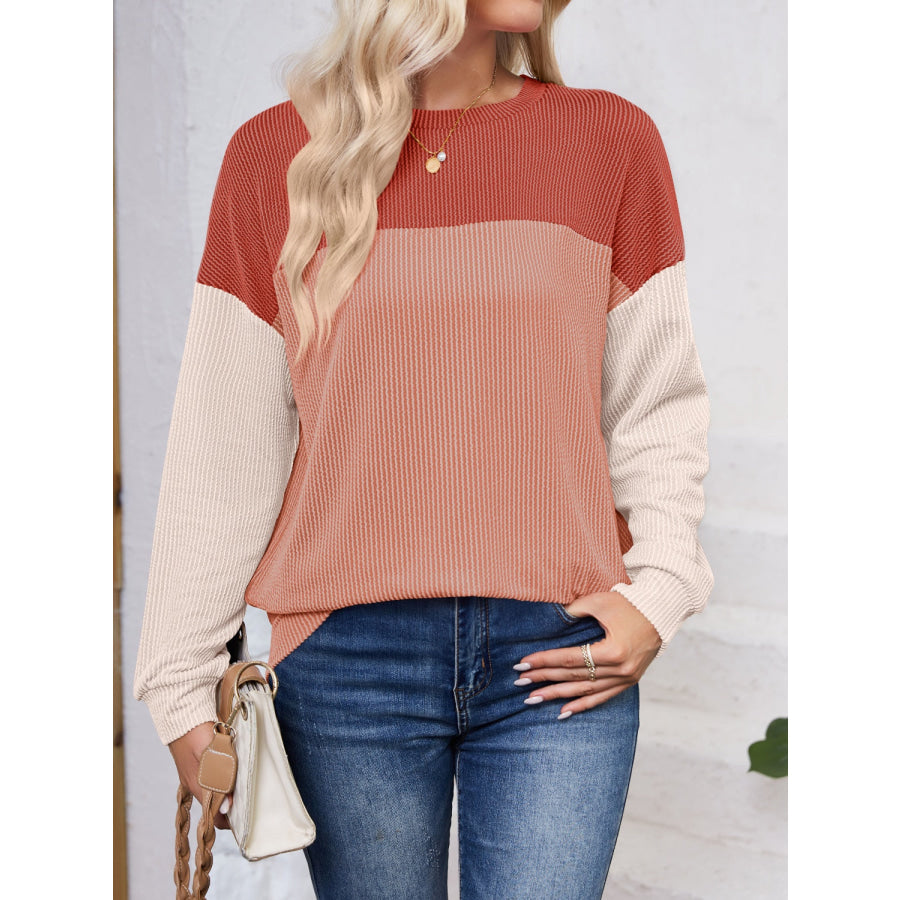 Color Block Round Neck Long Sleeve Sweatshirt Apparel and Accessories