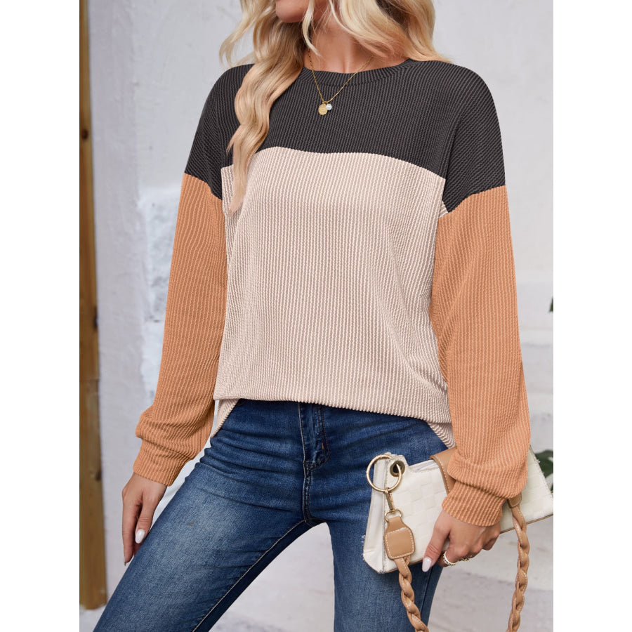 Color Block Round Neck Long Sleeve Sweatshirt Apparel and Accessories