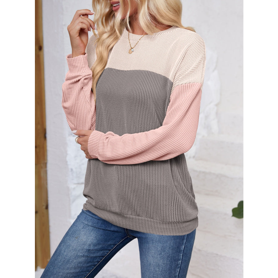 Color Block Round Neck Long Sleeve Sweatshirt Apparel and Accessories