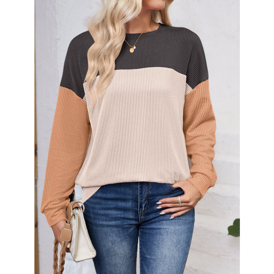 Color Block Round Neck Long Sleeve Sweatshirt Apparel and Accessories