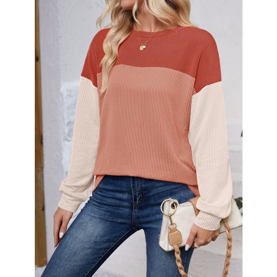 Color Block Round Neck Long Sleeve Sweatshirt Apparel and Accessories
