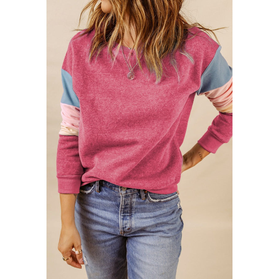 Color Block Round Neck Long Sleeve Sweatshirt Apparel and Accessories