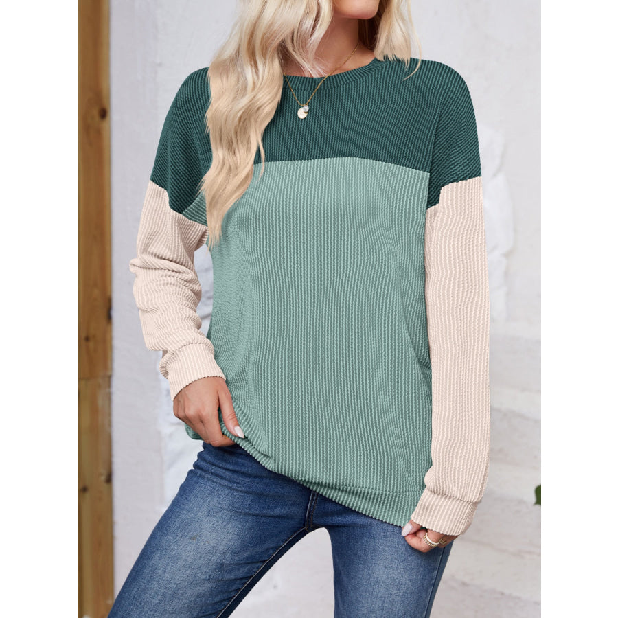 Color Block Round Neck Long Sleeve Sweatshirt Apparel and Accessories