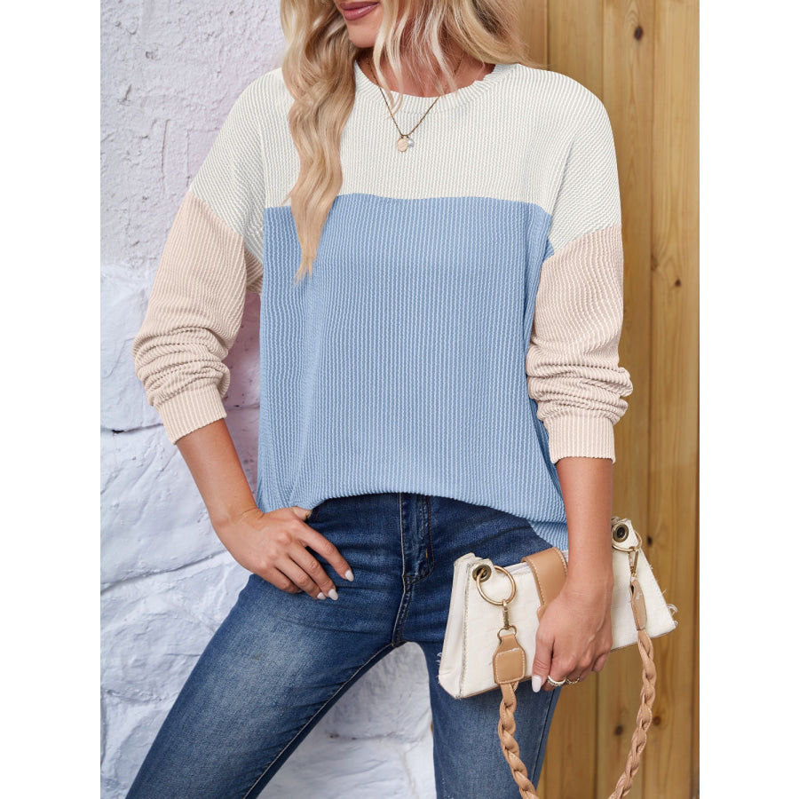 Color Block Round Neck Long Sleeve Sweatshirt Apparel and Accessories