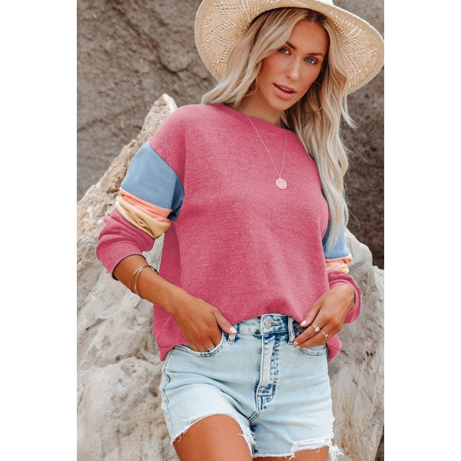 Color Block Round Neck Long Sleeve Sweatshirt Apparel and Accessories