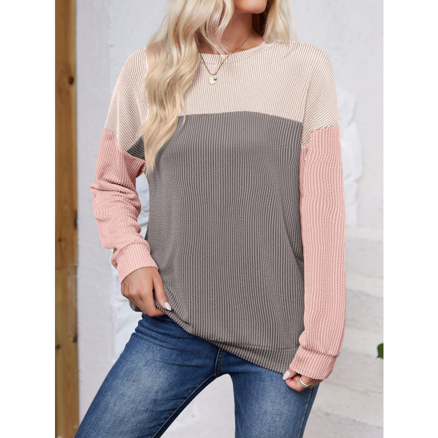 Color Block Round Neck Long Sleeve Sweatshirt Apparel and Accessories