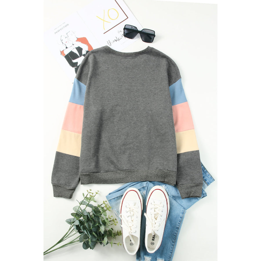Color Block Round Neck Long Sleeve Sweatshirt Apparel and Accessories