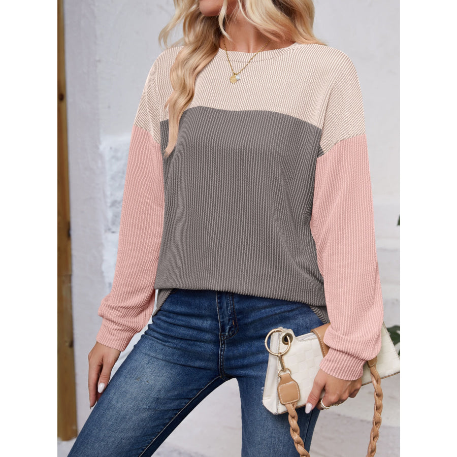 Color Block Round Neck Long Sleeve Sweatshirt Apparel and Accessories