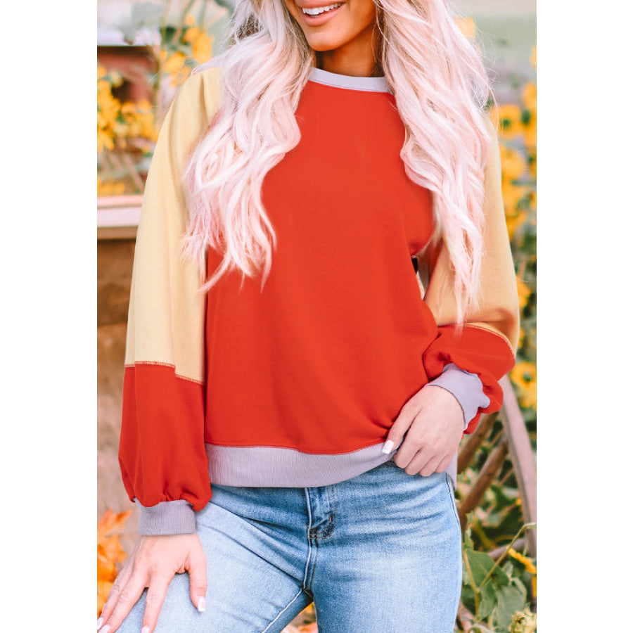 Color Block Round Neck Long Sleeve Sweatshirt Apparel and Accessories