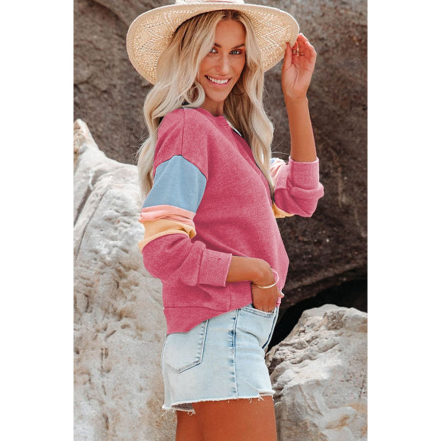 Color Block Round Neck Long Sleeve Sweatshirt Apparel and Accessories