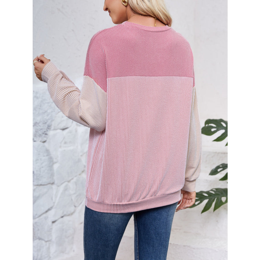Color Block Round Neck Long Sleeve Sweatshirt Apparel and Accessories