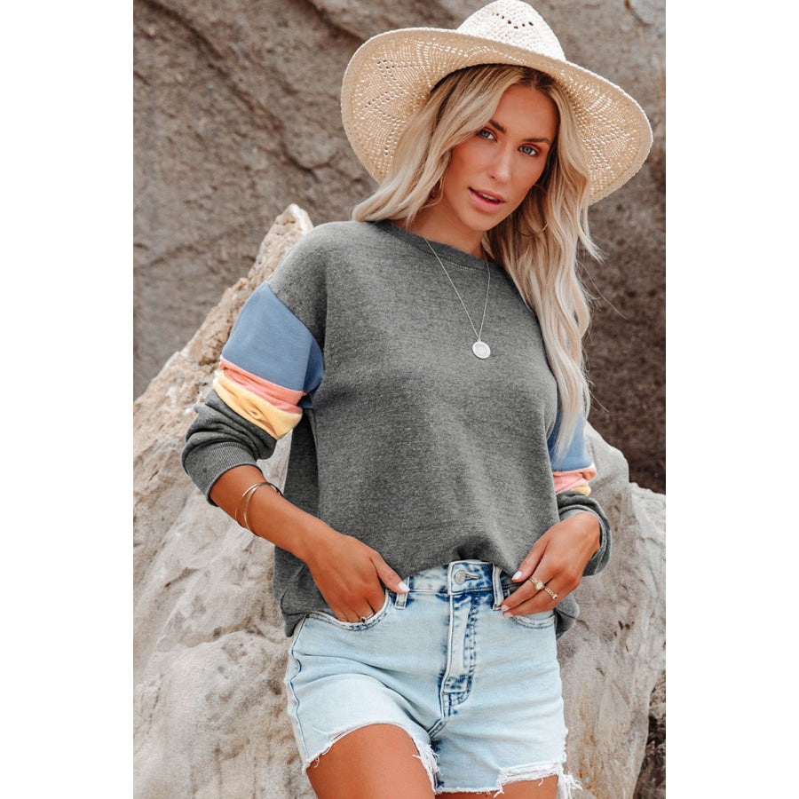 Color Block Round Neck Long Sleeve Sweatshirt Apparel and Accessories