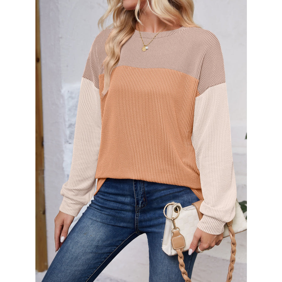 Color Block Round Neck Long Sleeve Sweatshirt Apparel and Accessories