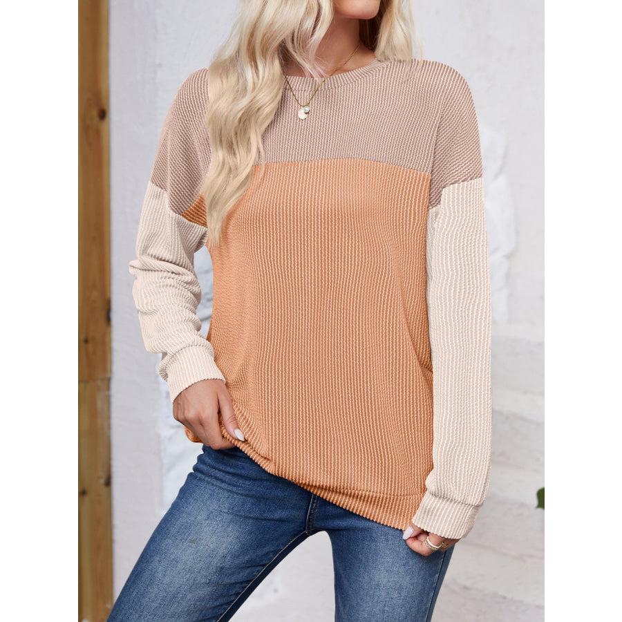 Color Block Round Neck Long Sleeve Sweatshirt Apparel and Accessories