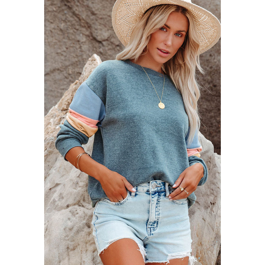 Color Block Round Neck Long Sleeve Sweatshirt Apparel and Accessories