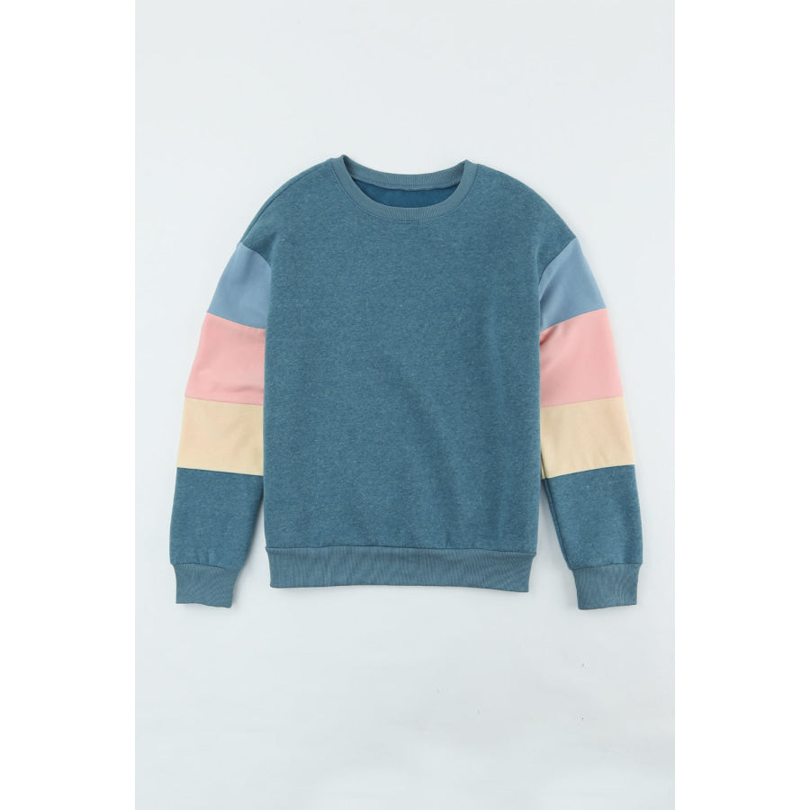 Color Block Round Neck Long Sleeve Sweatshirt Apparel and Accessories
