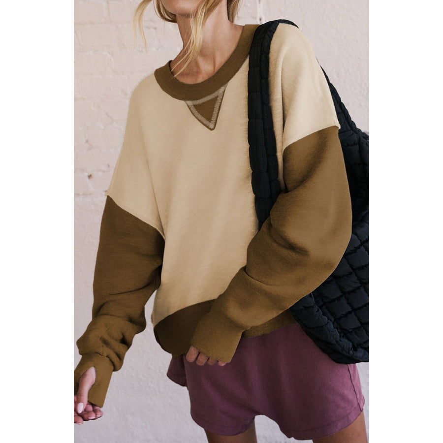 Color Block Round Neck Long Sleeve Sweatshirt Apparel and Accessories