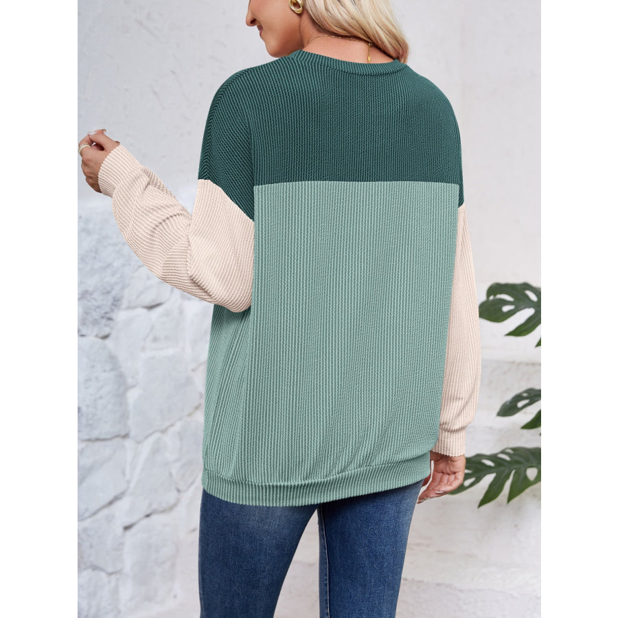Color Block Round Neck Long Sleeve Sweatshirt Apparel and Accessories