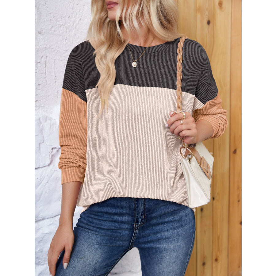 Color Block Round Neck Long Sleeve Sweatshirt Apparel and Accessories