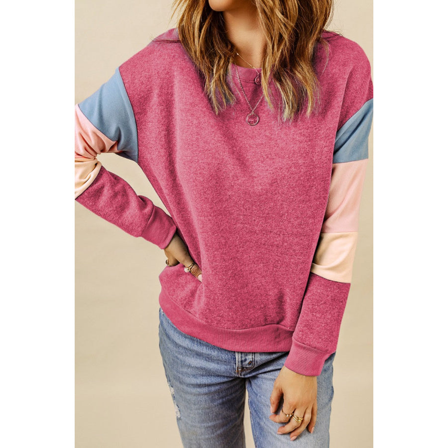 Color Block Round Neck Long Sleeve Sweatshirt Apparel and Accessories