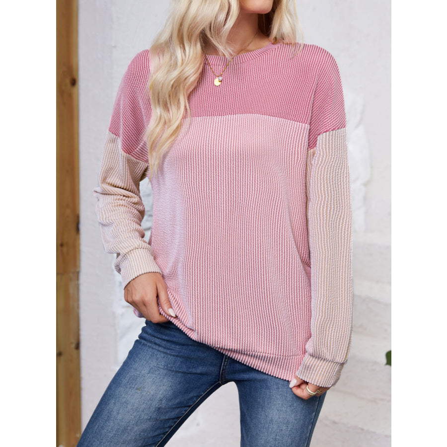 Color Block Round Neck Long Sleeve Sweatshirt Apparel and Accessories
