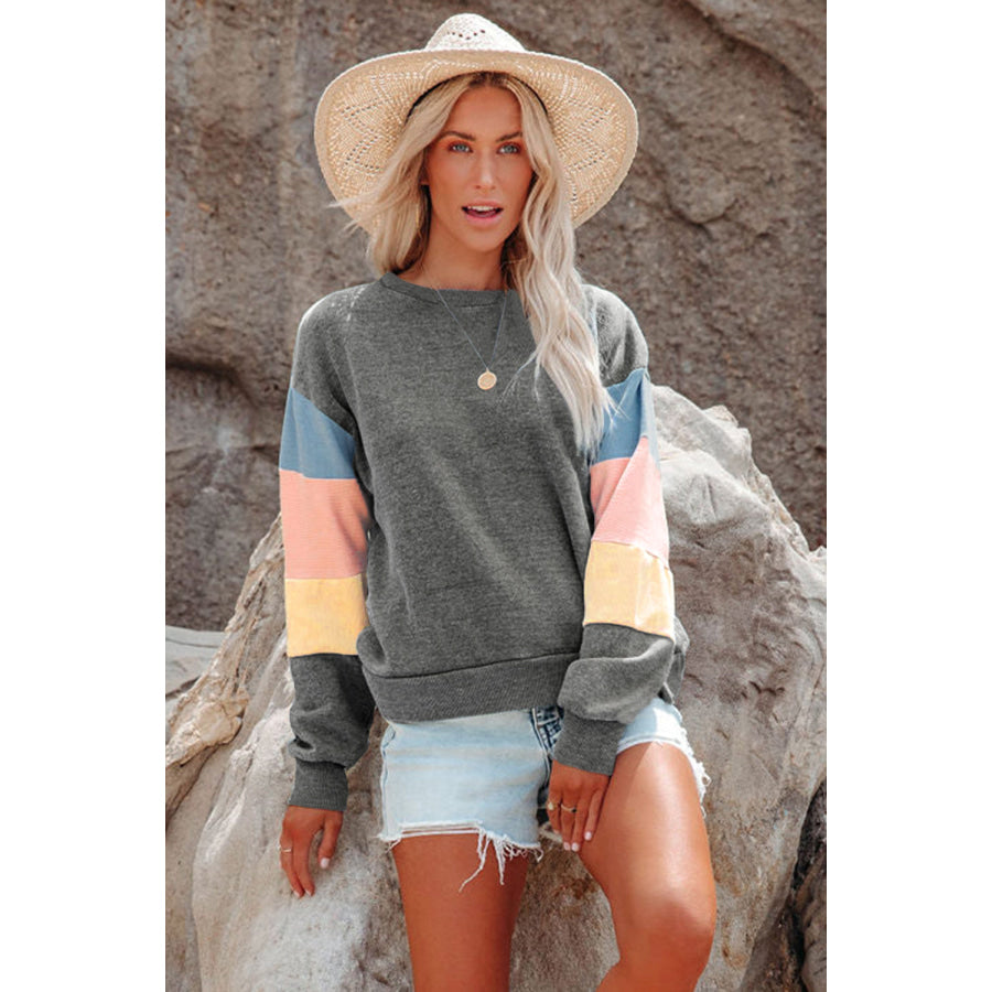 Color Block Round Neck Long Sleeve Sweatshirt Apparel and Accessories