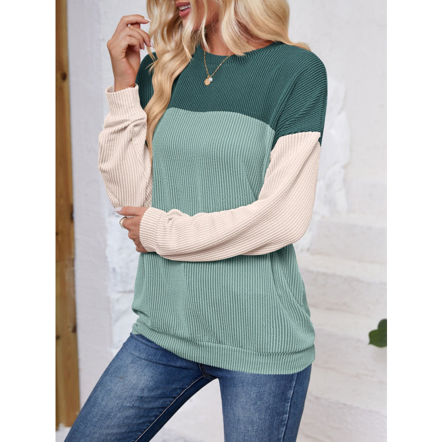 Color Block Round Neck Long Sleeve Sweatshirt Apparel and Accessories