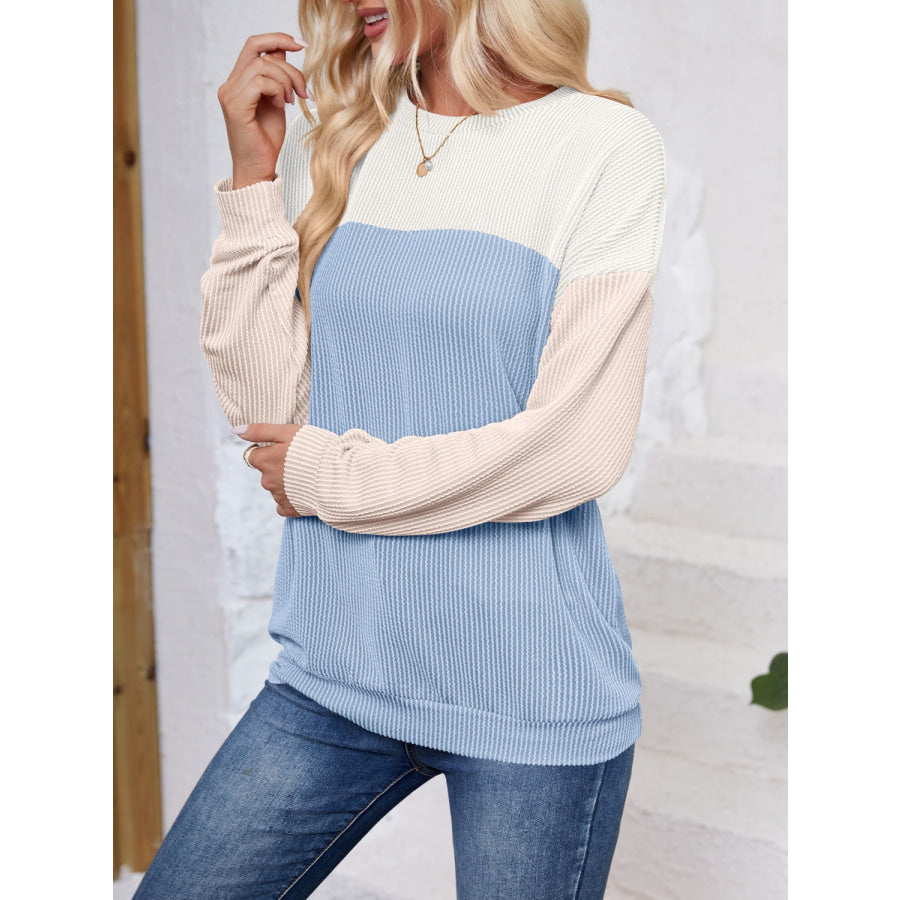 Color Block Round Neck Long Sleeve Sweatshirt Apparel and Accessories