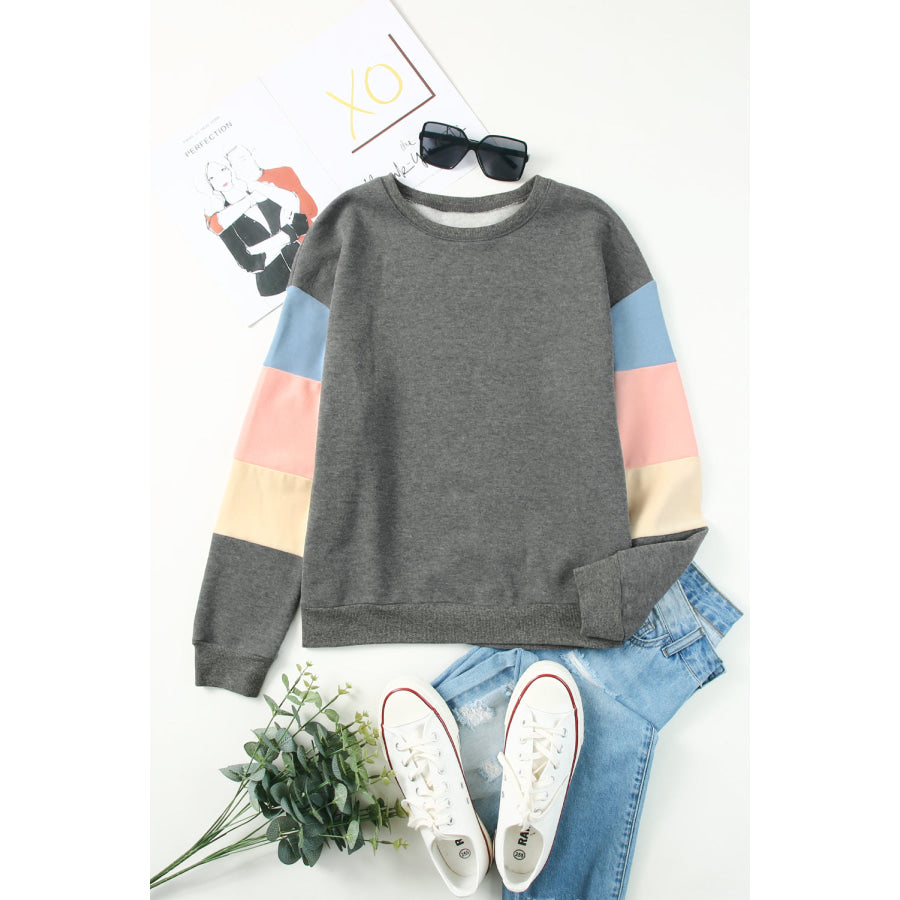 Color Block Round Neck Long Sleeve Sweatshirt Apparel and Accessories