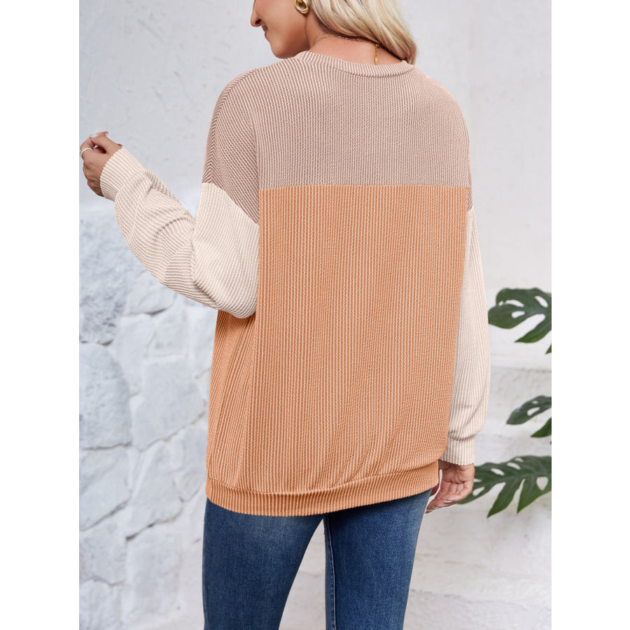 Color Block Round Neck Long Sleeve Sweatshirt Apparel and Accessories
