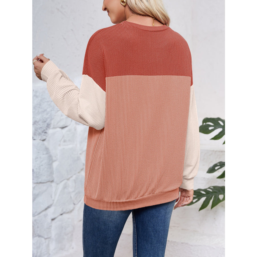 Color Block Round Neck Long Sleeve Sweatshirt Apparel and Accessories